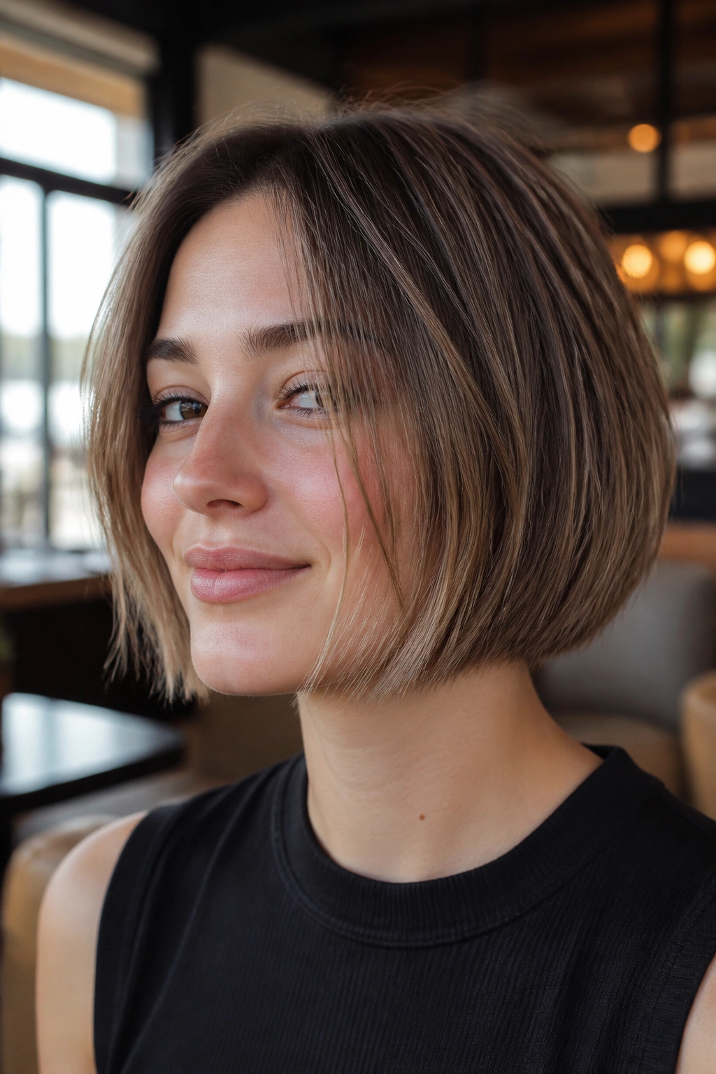 Close-up of a real person with a sliced bob and exposed ends in a soft-lit lounge.