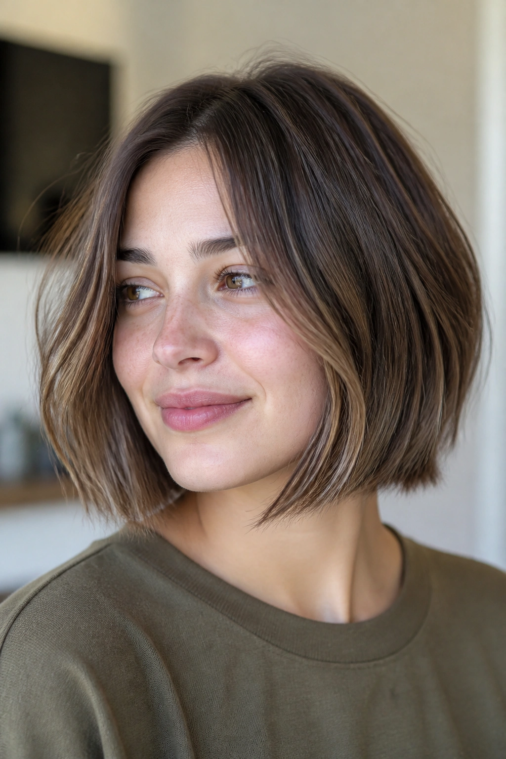 Close-up portrait of a real woman with a sliced bob showing soft separation