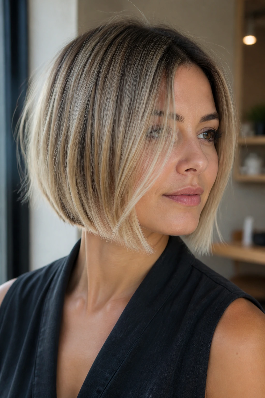 Portrait of a person with a sliced bob and translucent ends