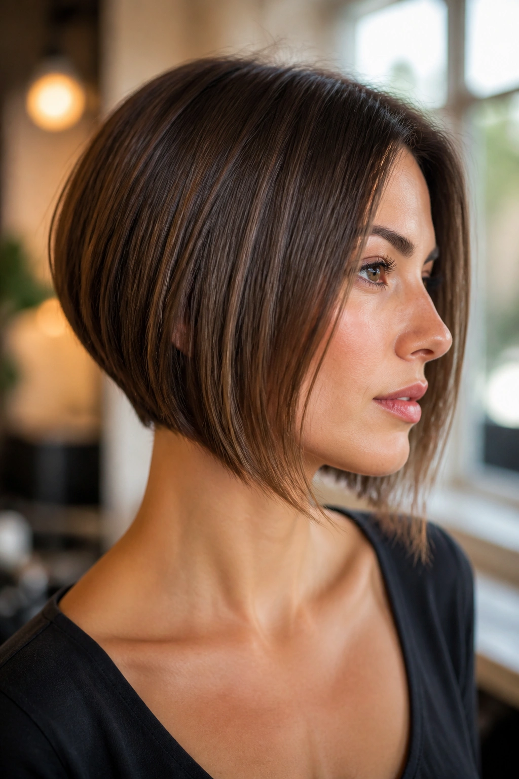 Close-up of a real woman with a crisp sliced bob and tucked-nape hairstyle.