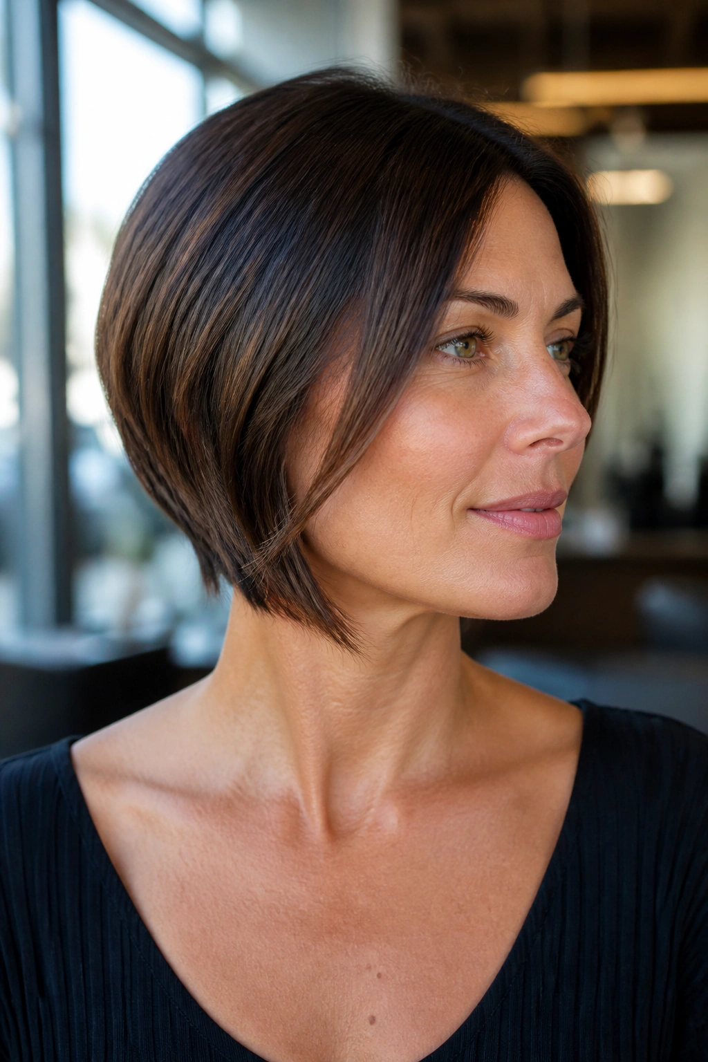 Close-up of real woman with sliced bob underlayers in sunlit salon