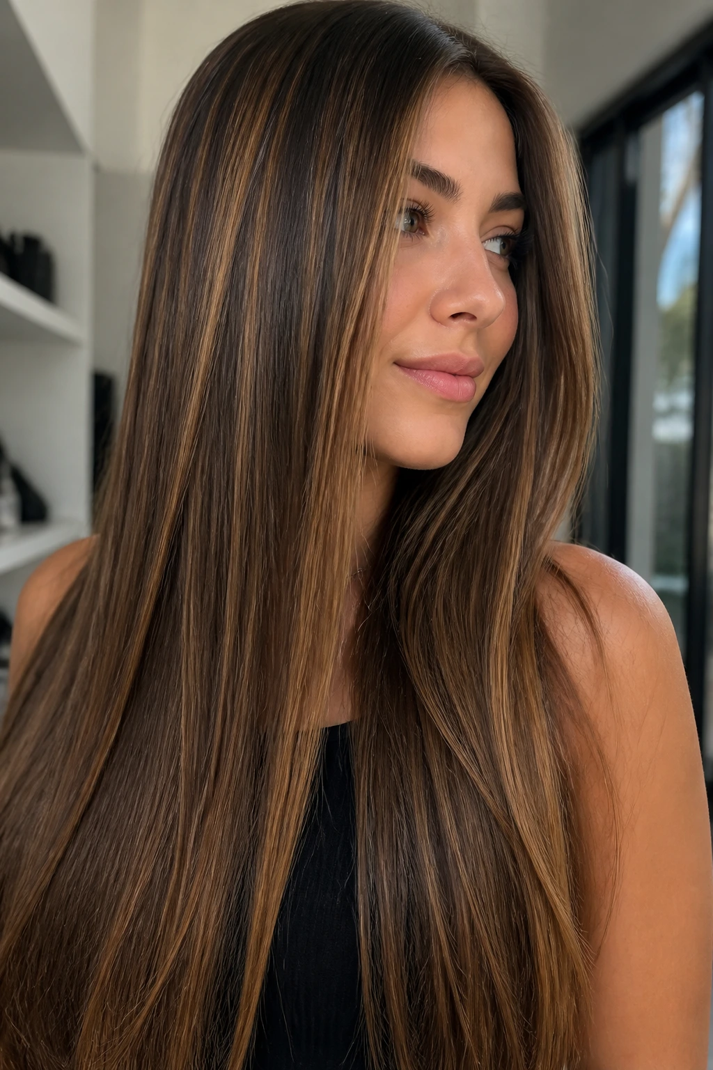 Portrait of a woman with long straight brown hair and sliced caramel highlights