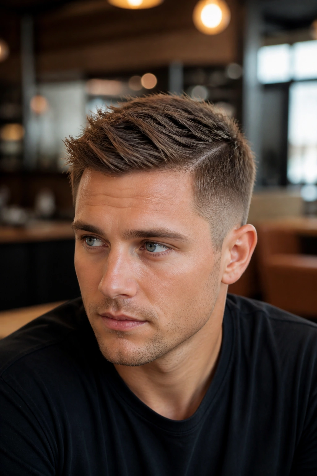 Close-up portrait of a real person with sliced crop texture and side part in cafe light