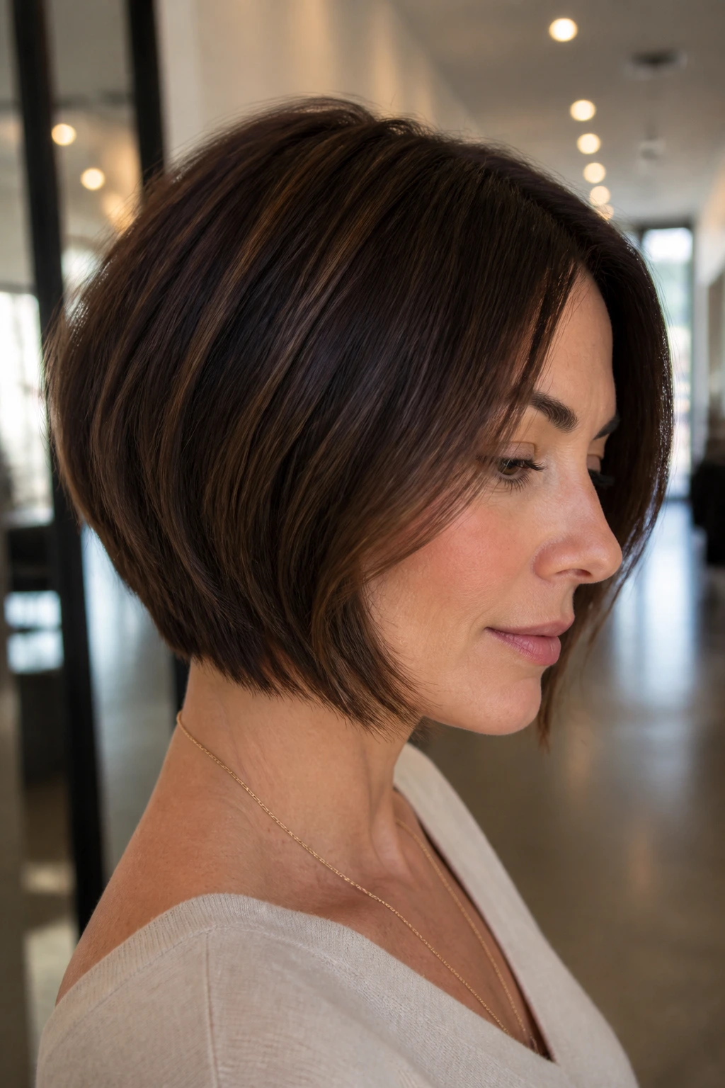 Close-up of a real woman with a sliced dark walnut bob and subtle movement.