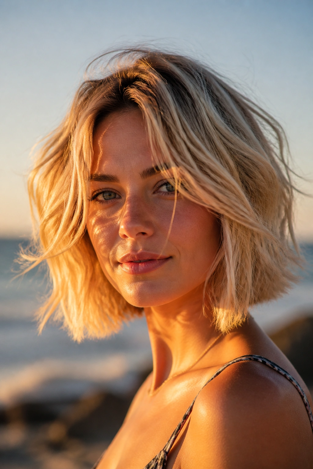 Close-up of a real woman with sliced-end beach bob in sunlit blonde tones