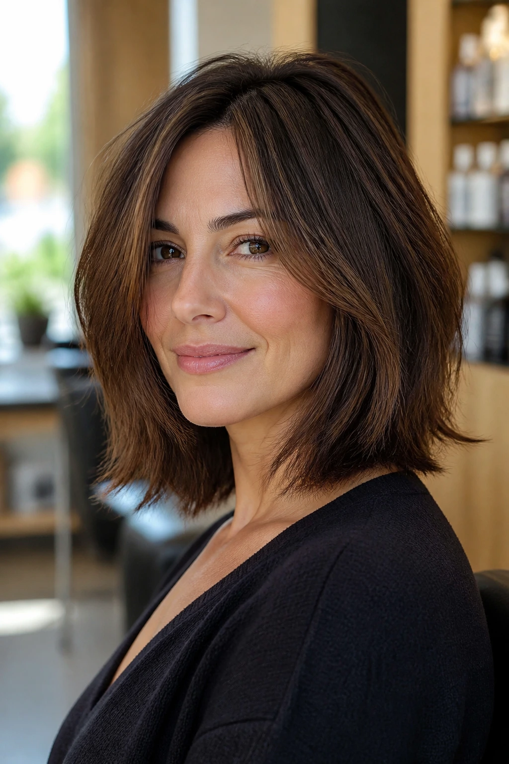 Close-up portrait of a real woman with a sliced-end lob on dense hair in a warm salon.