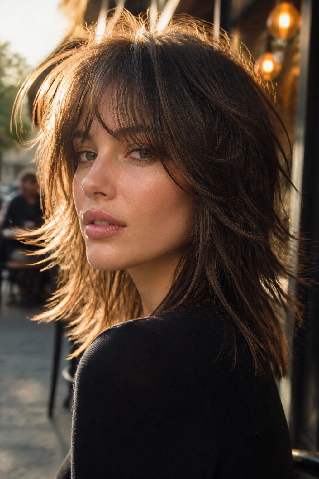 Real woman with sliced-ends shag showing piecey movement in golden hour outdoor setting
