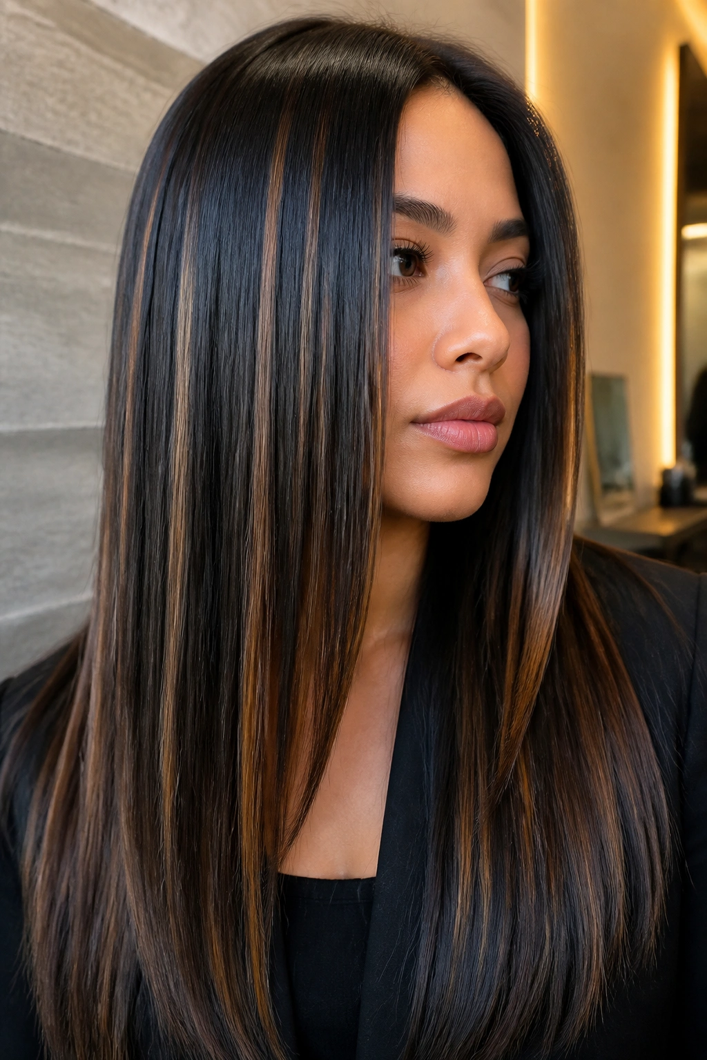 Close-up of real person with sleek black hair featuring vertical caramel sliced highlights