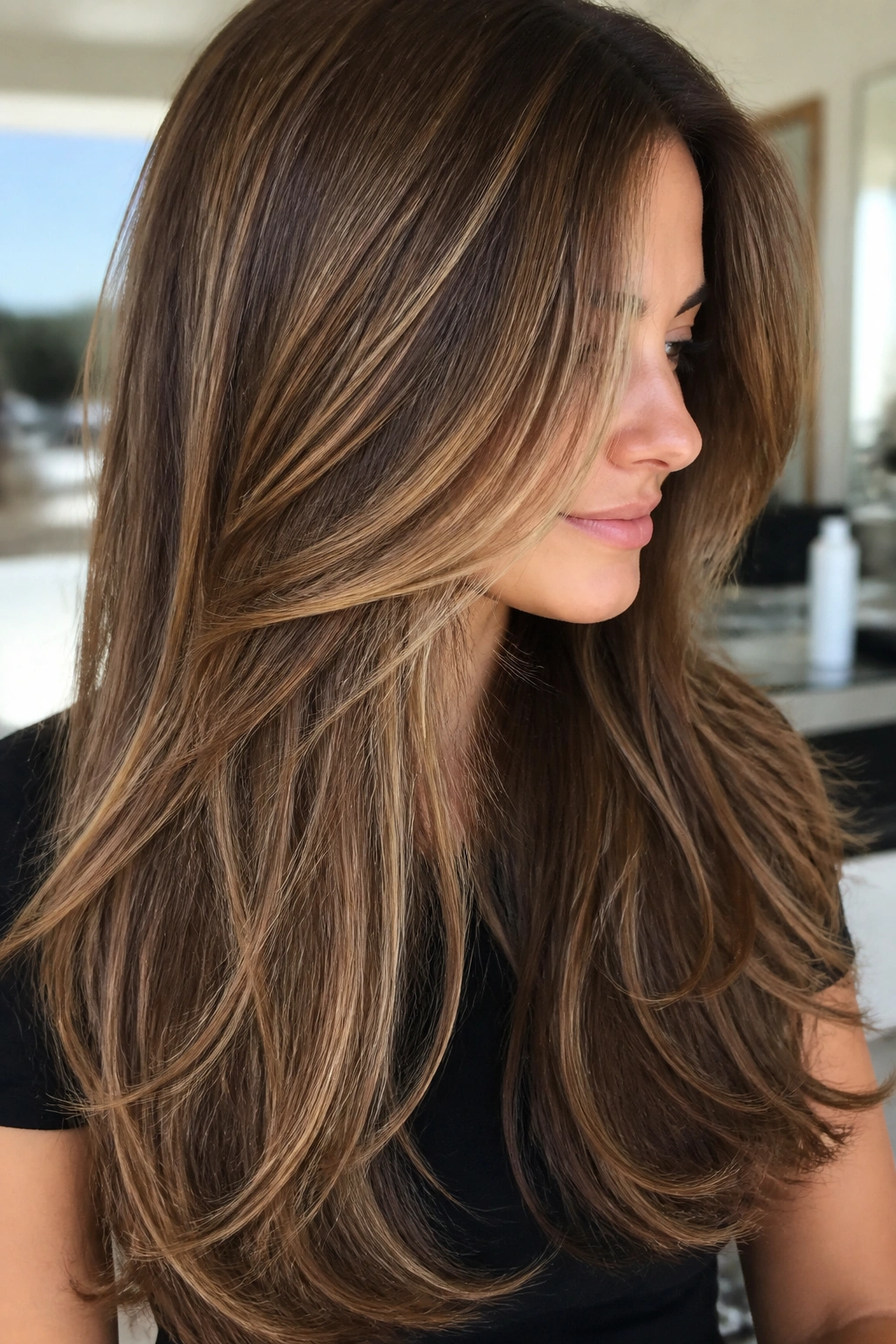 Close-up of long layered hair with slim sliced caramel highlights along the layers