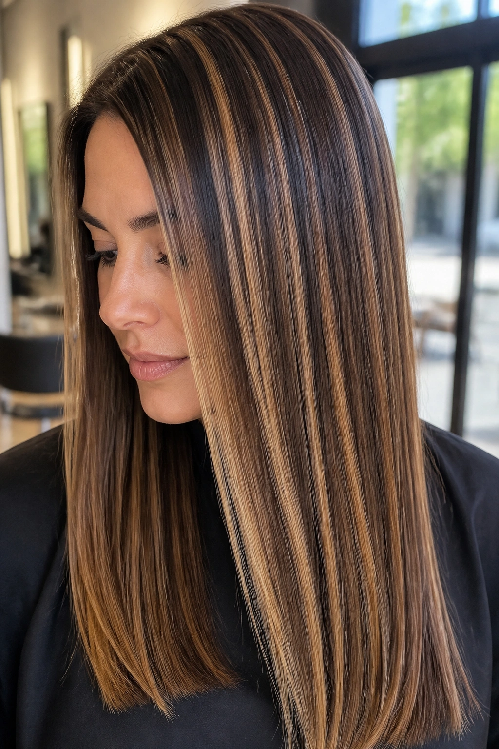 Close-up of straight brown hair with crisp sliced blond highlights
