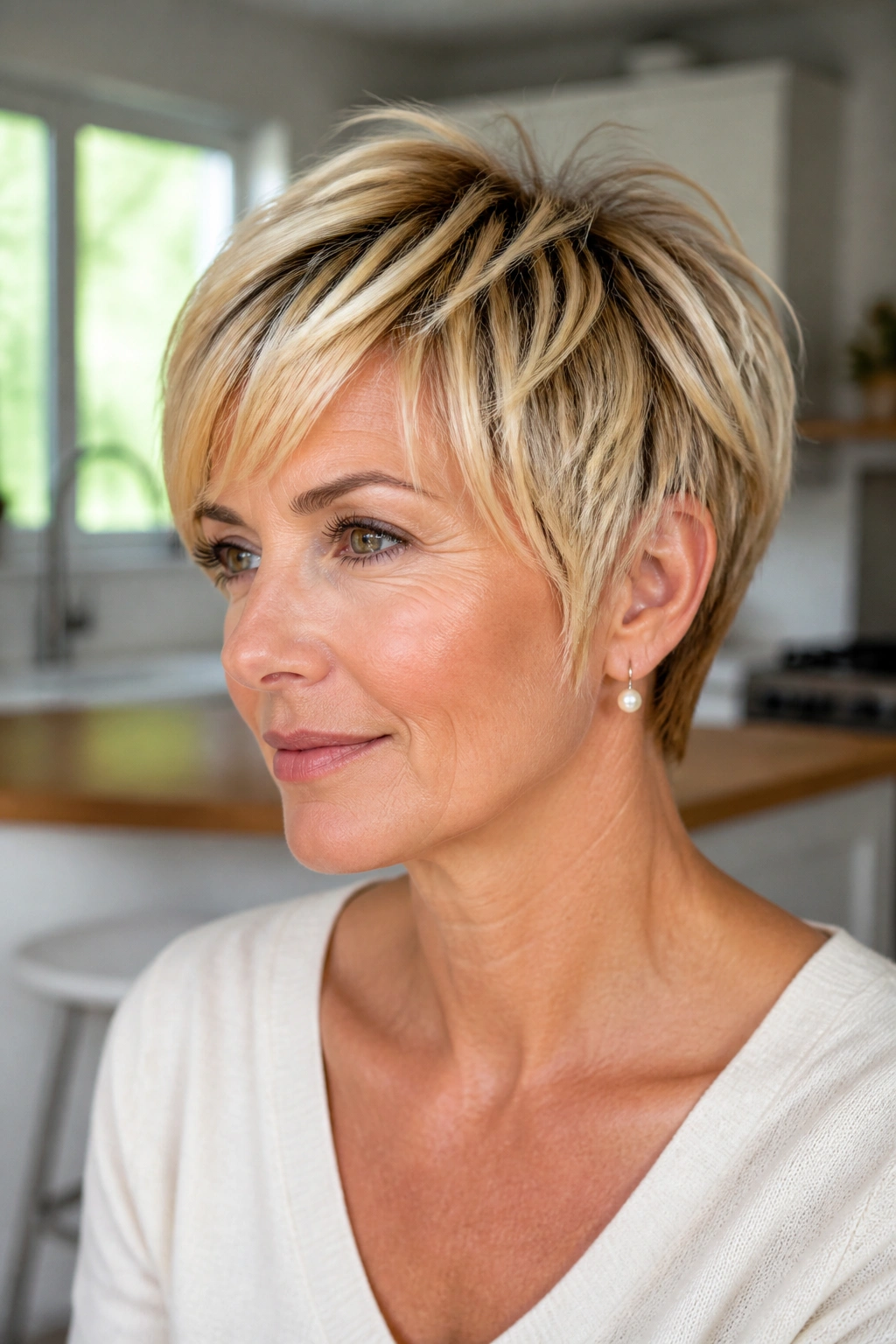 Close-up of a real woman with sliced layer pixie and piecey ends pearl to wheat blonde