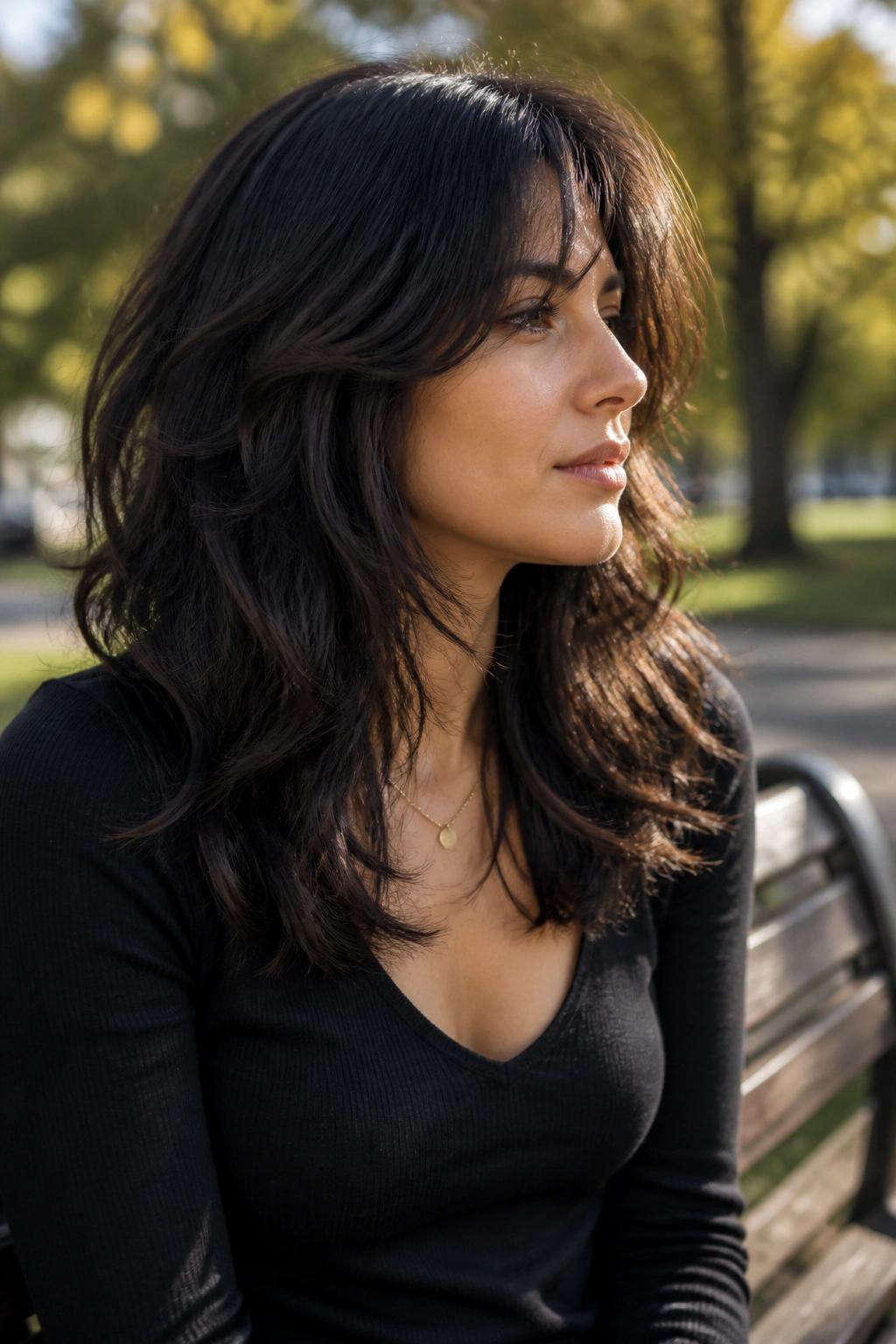 Real woman with sliced layer shag for thick hair