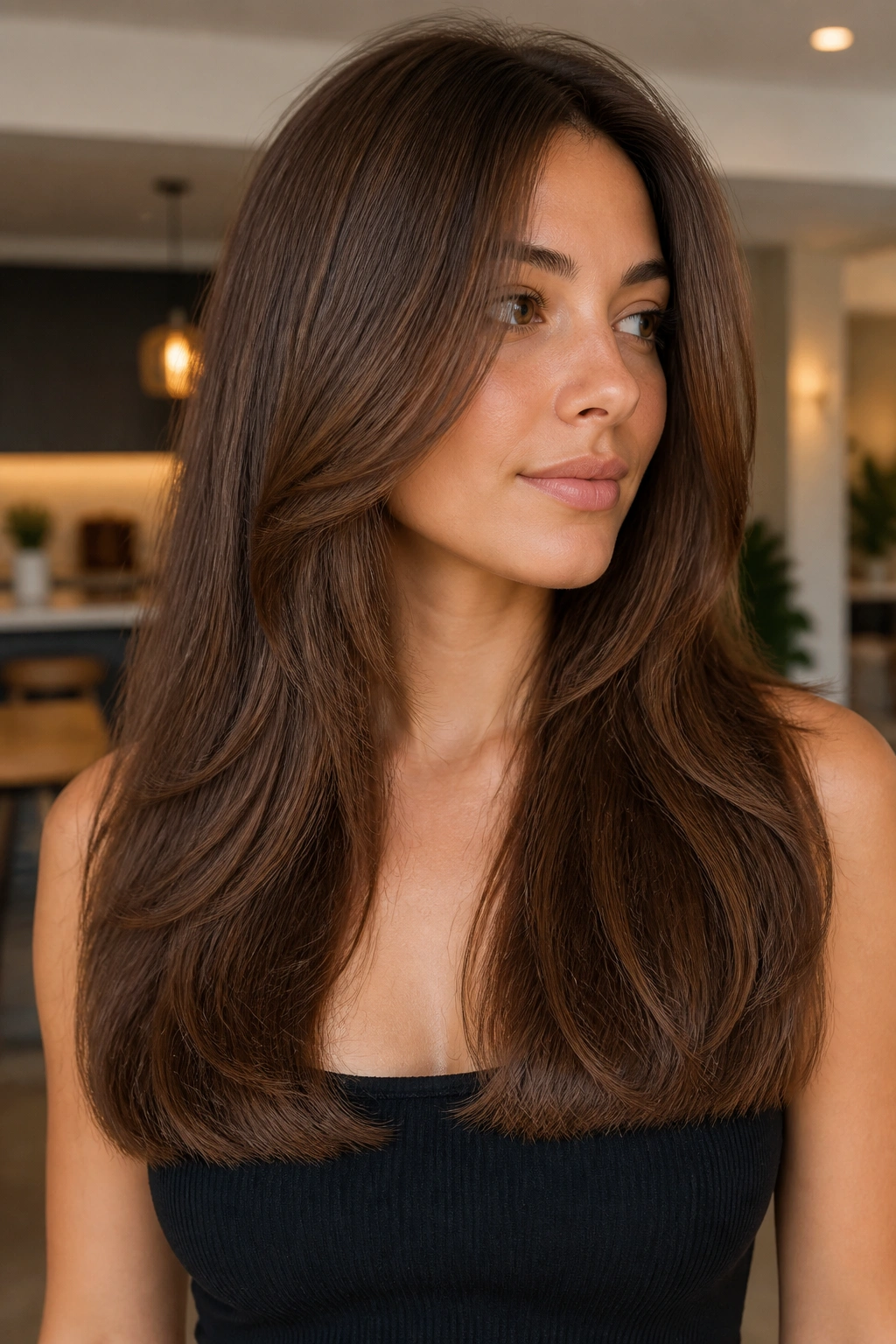 Close-up of a real woman with sliced layers and blunt bottom line in warm home interior