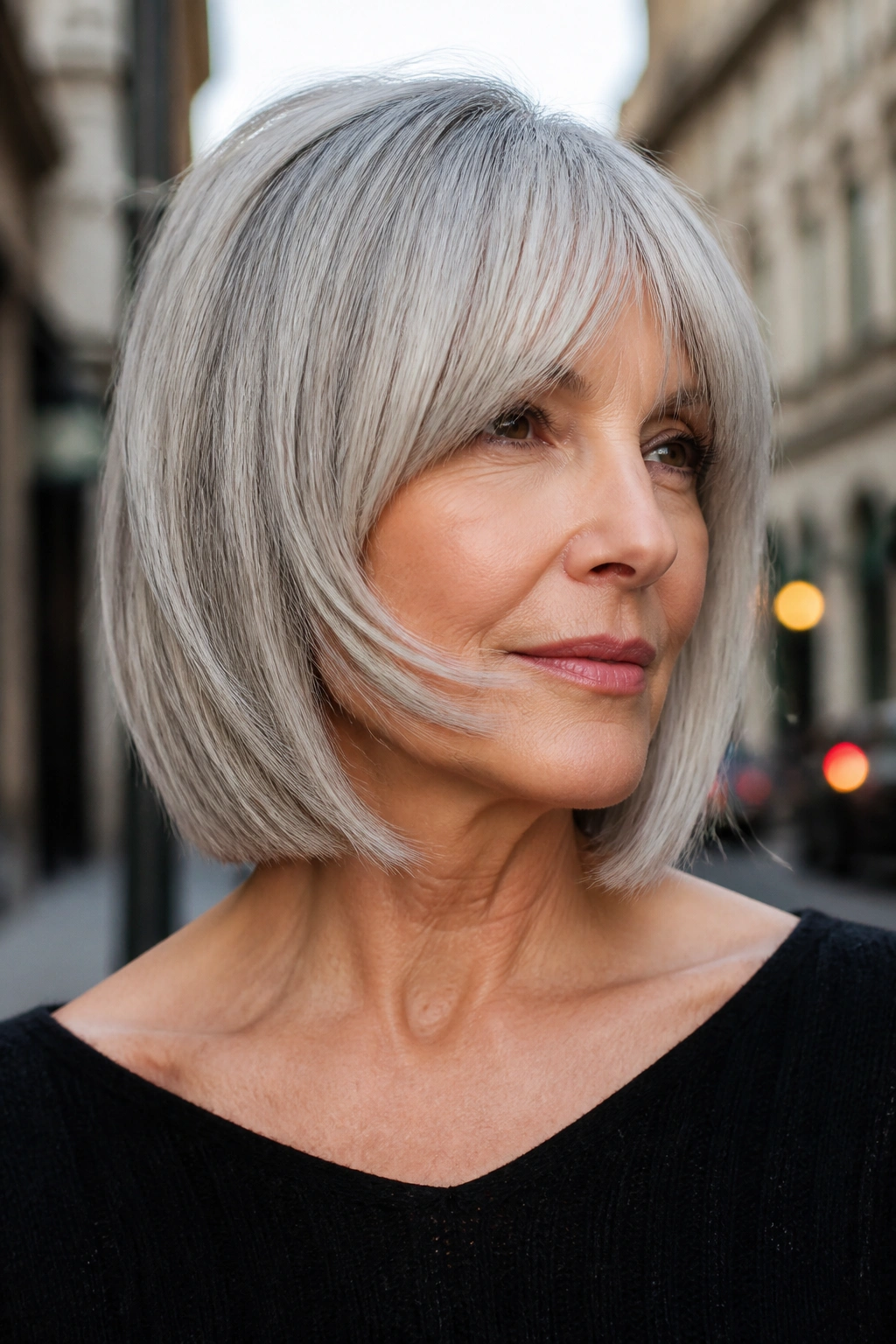 Close-up portrait of sliced lob with cheekbone bangs on gray hair