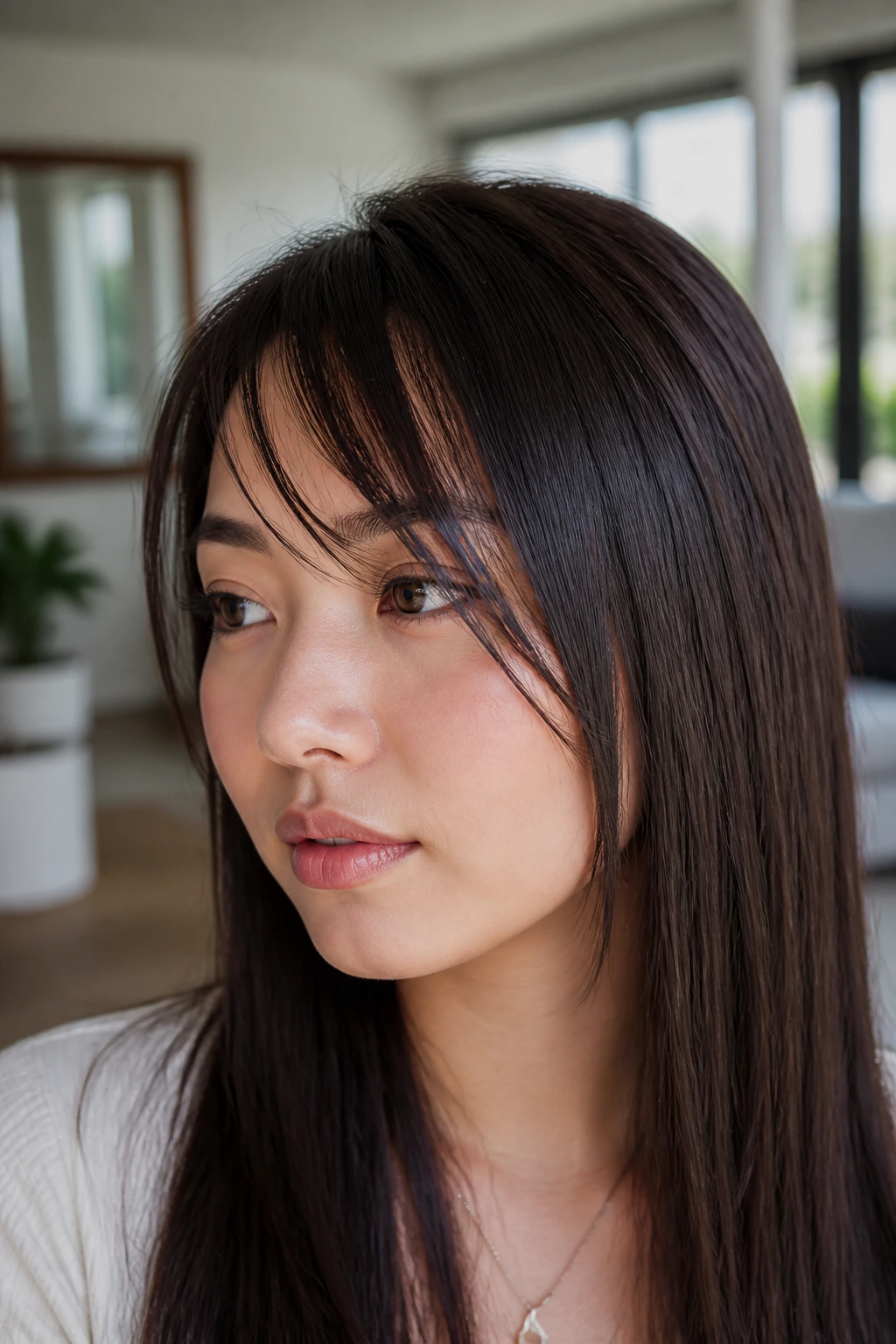 Close-up of a real woman with sliced straight-side bangs