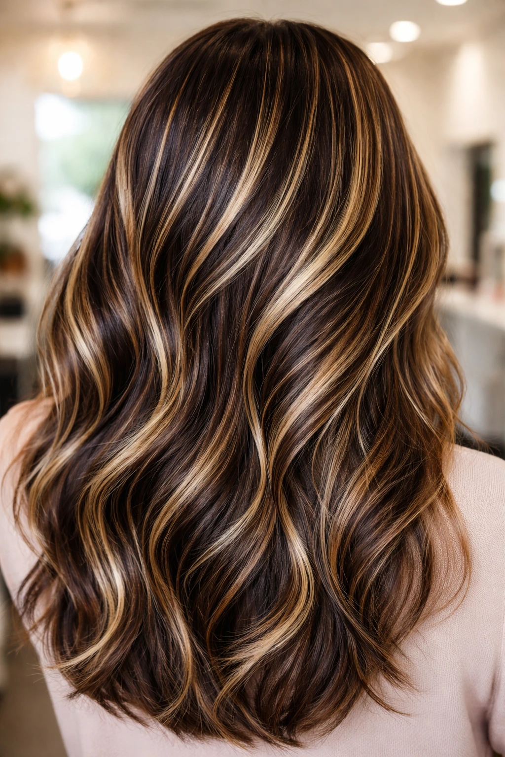 Close-up of brunette hair with diagonal slicing ribbons of blonde and black