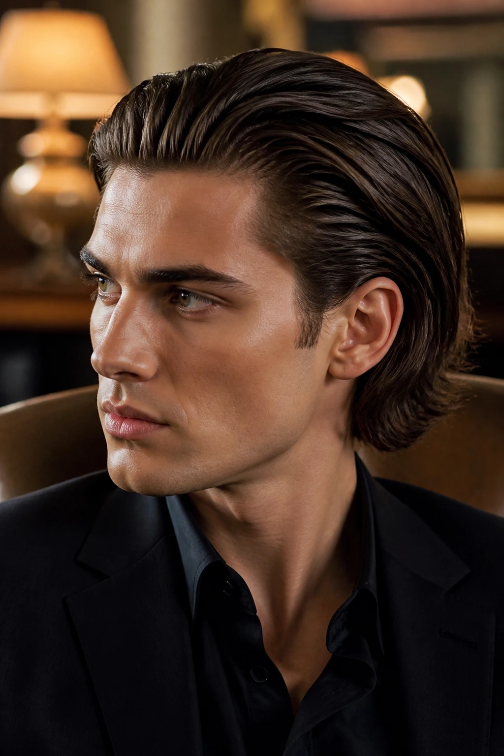 Close-up portrait of a man with a slick-back bob in warm indoor light