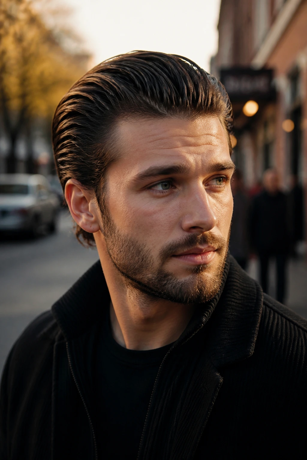 Close-up portrait of a man with slicked-back hair in golden-hour street scene