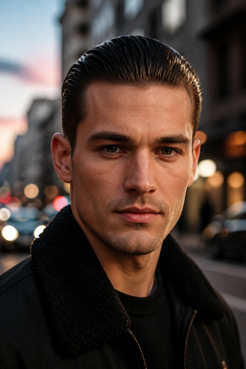 Close-up portrait of a man with a slicked-back hairstyle on an urban street