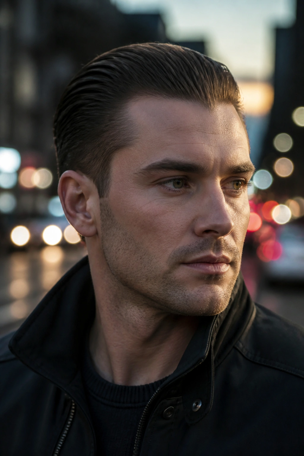 Close-up portrait of a man with a slick back hairstyle in an urban setting