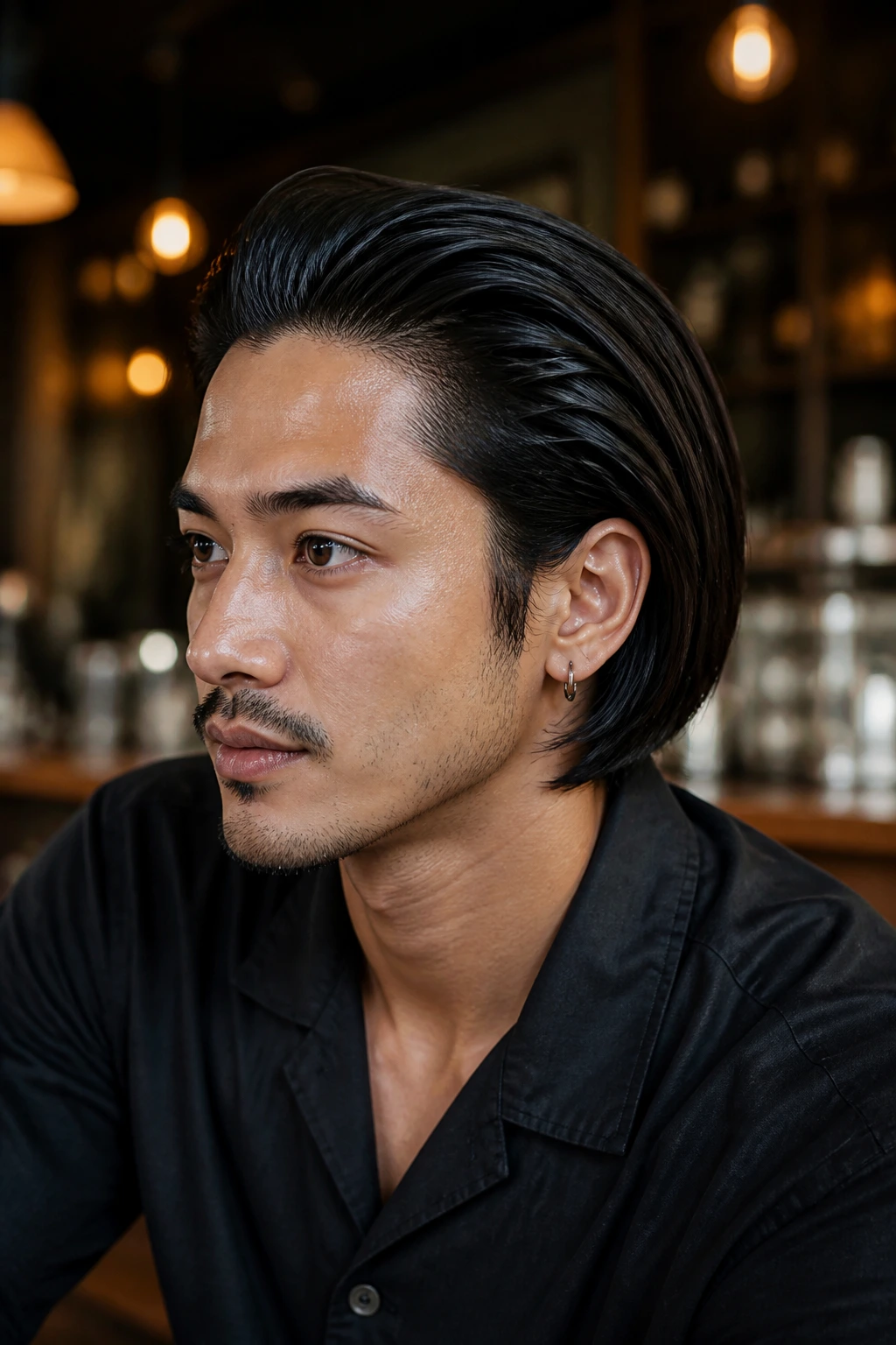 Close-up of a man with a slick-back inverted bob in a cafe