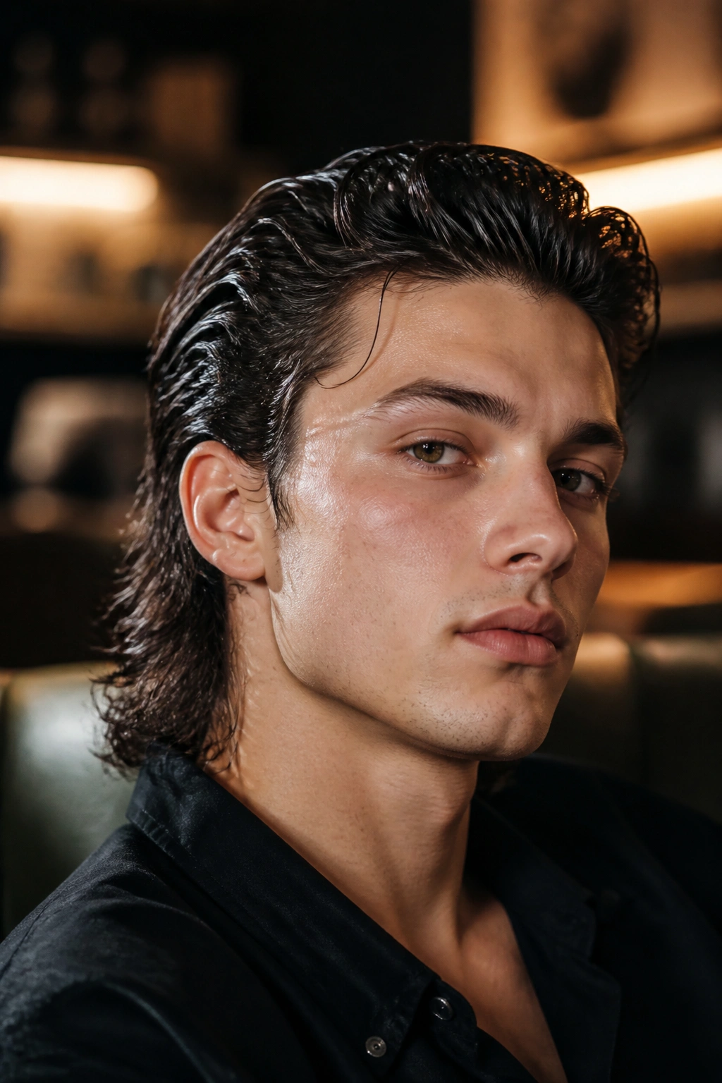Close-up portrait of a real person with a slick-back wet-look mullet featuring a glossy front and visible back tail.