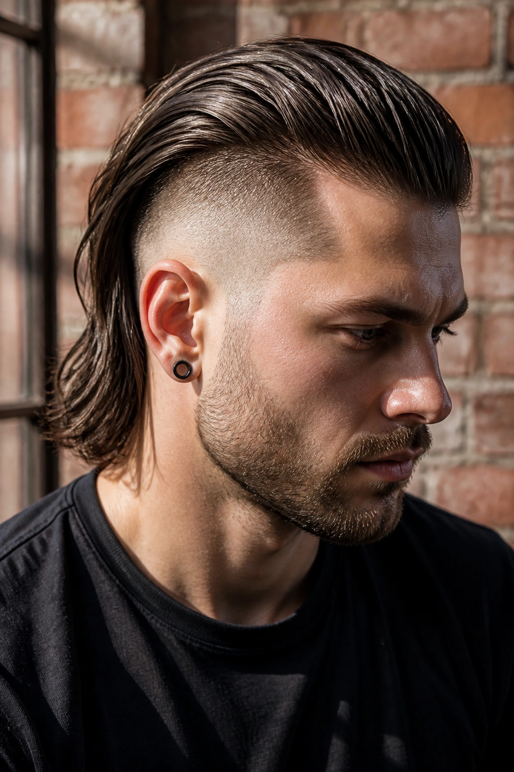 Close-up portrait of a real person showing a long slick-back with a shaved side against an urban brick wall.
