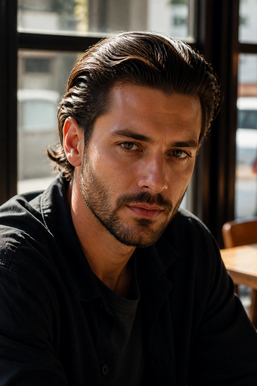 Close-up portrait of a man with a shiny slick-back hairstyle in a cafe setting