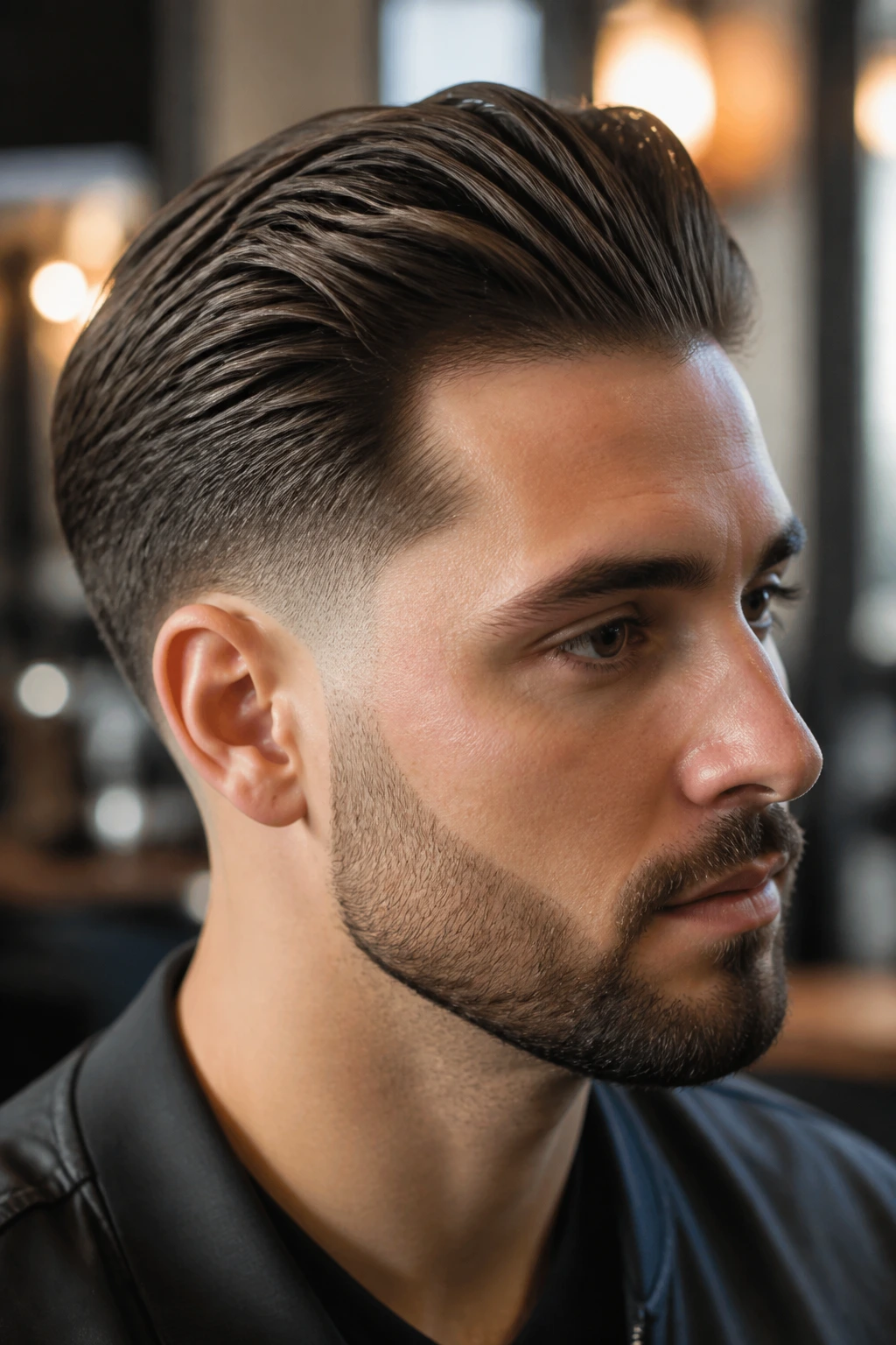 Close-up portrait of a man with a textured slick back and soft taper