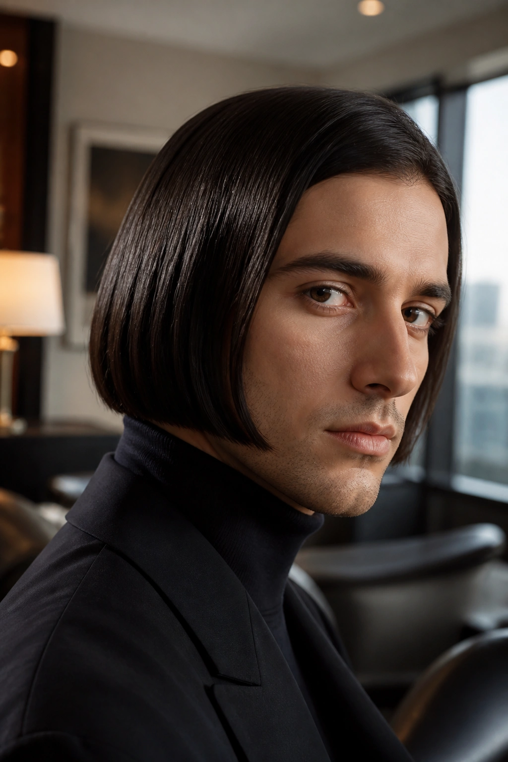 Close-up portrait of a man with a slick, glossy bob