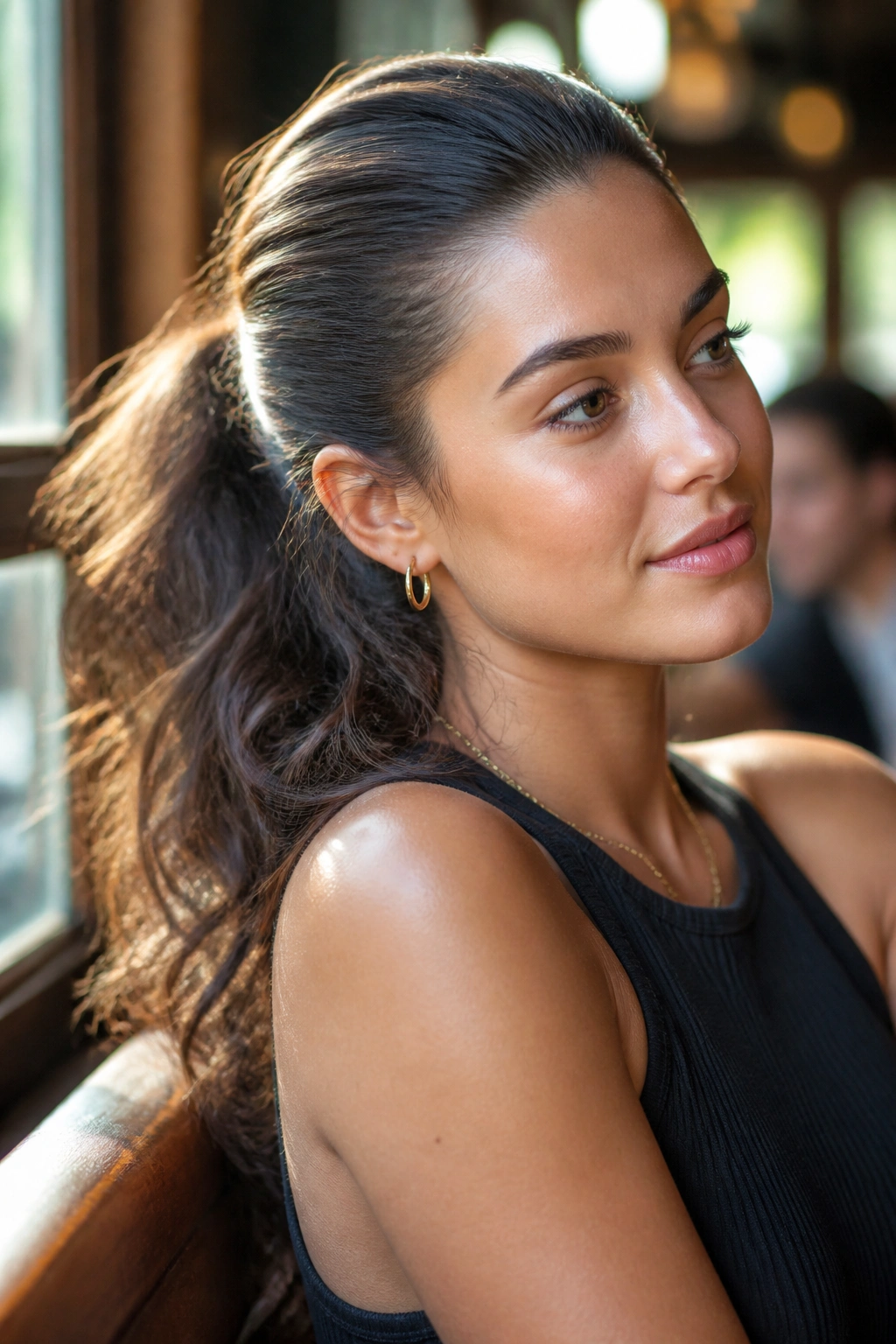 Close-up of a real woman with a slick-front messy ponytail and soft-length waves