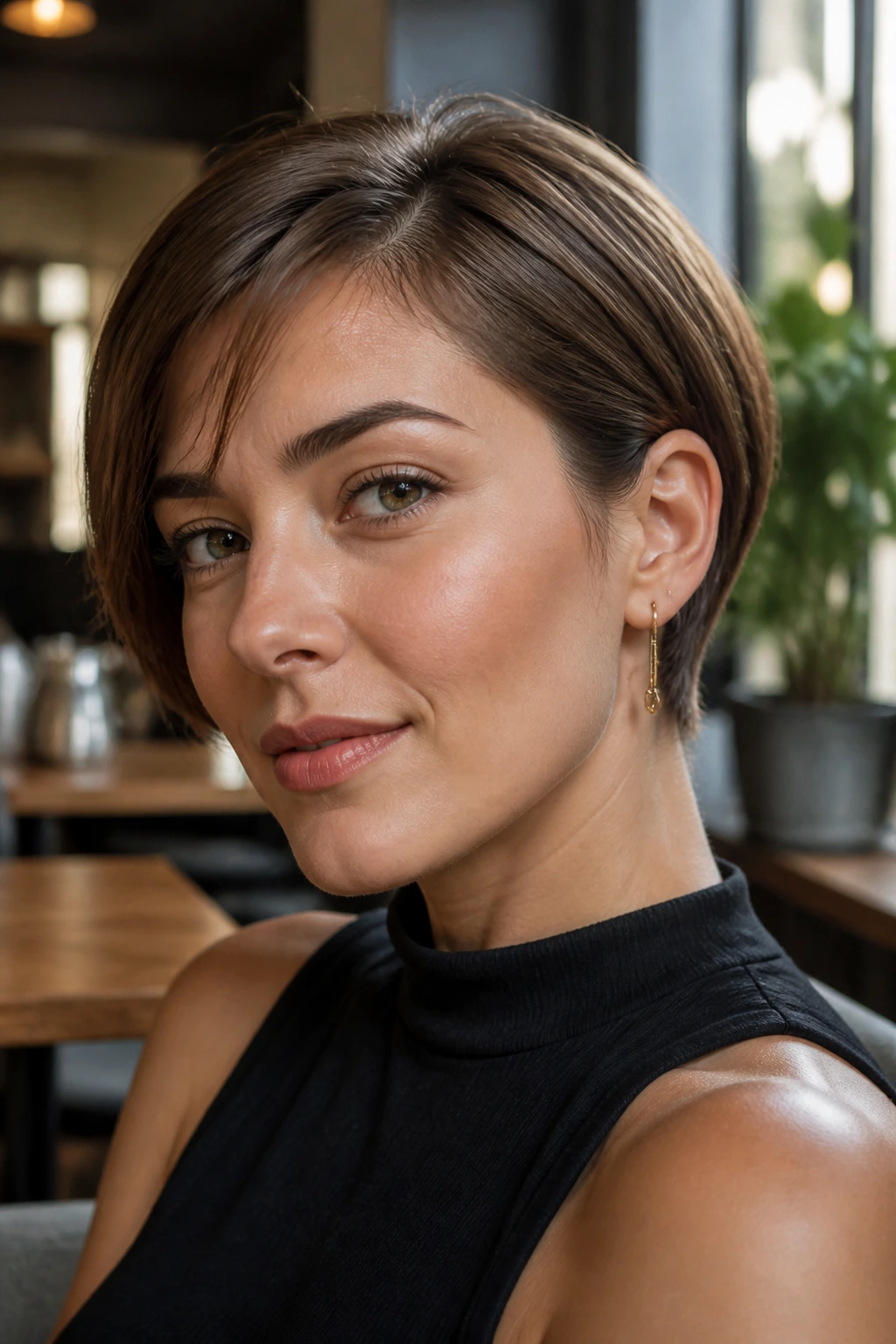 Portrait of a woman with slick long pixie tucked behind one ear