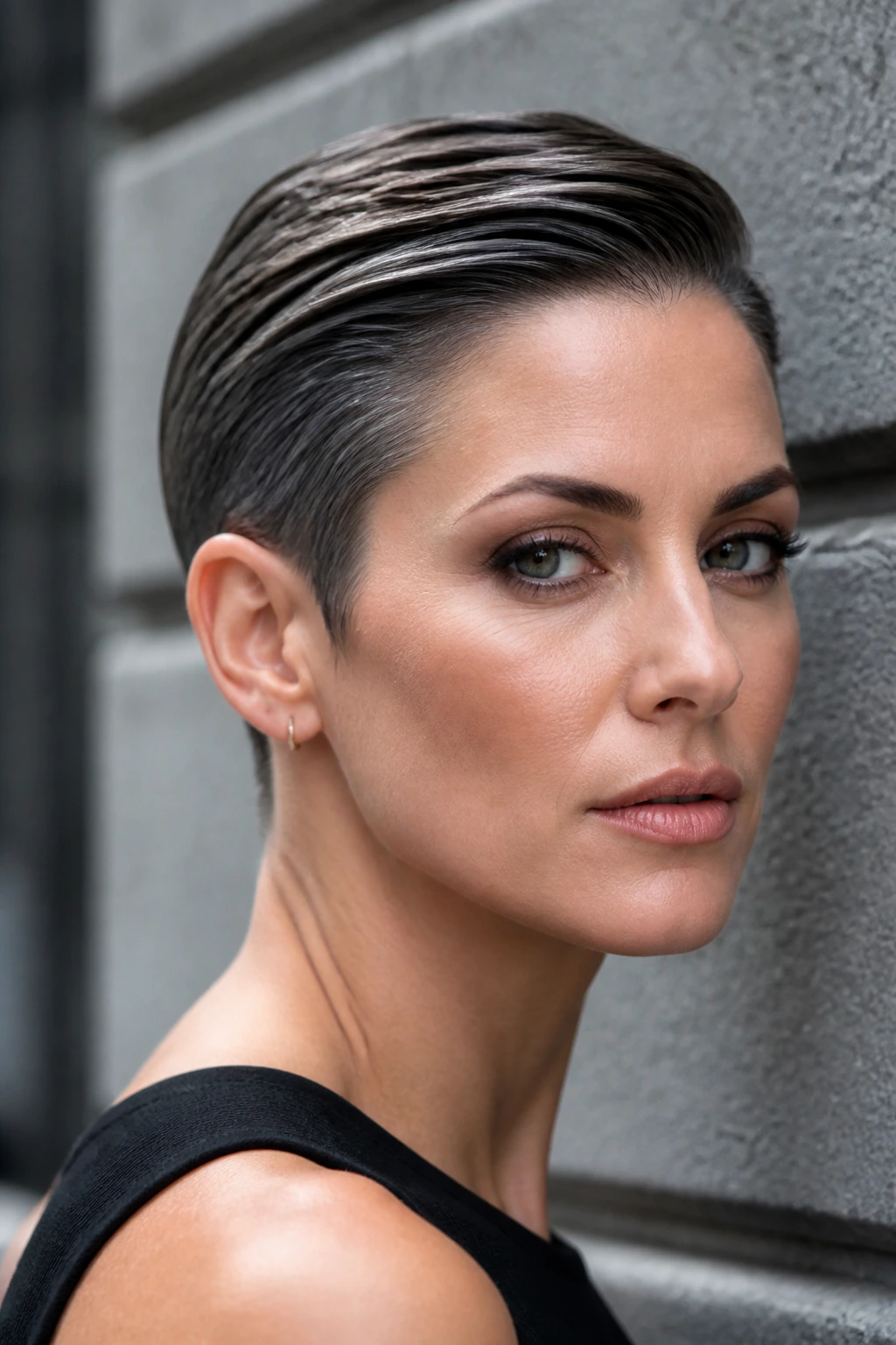 Close-up of a real woman with sleek glossy pixie and side-swept styling.