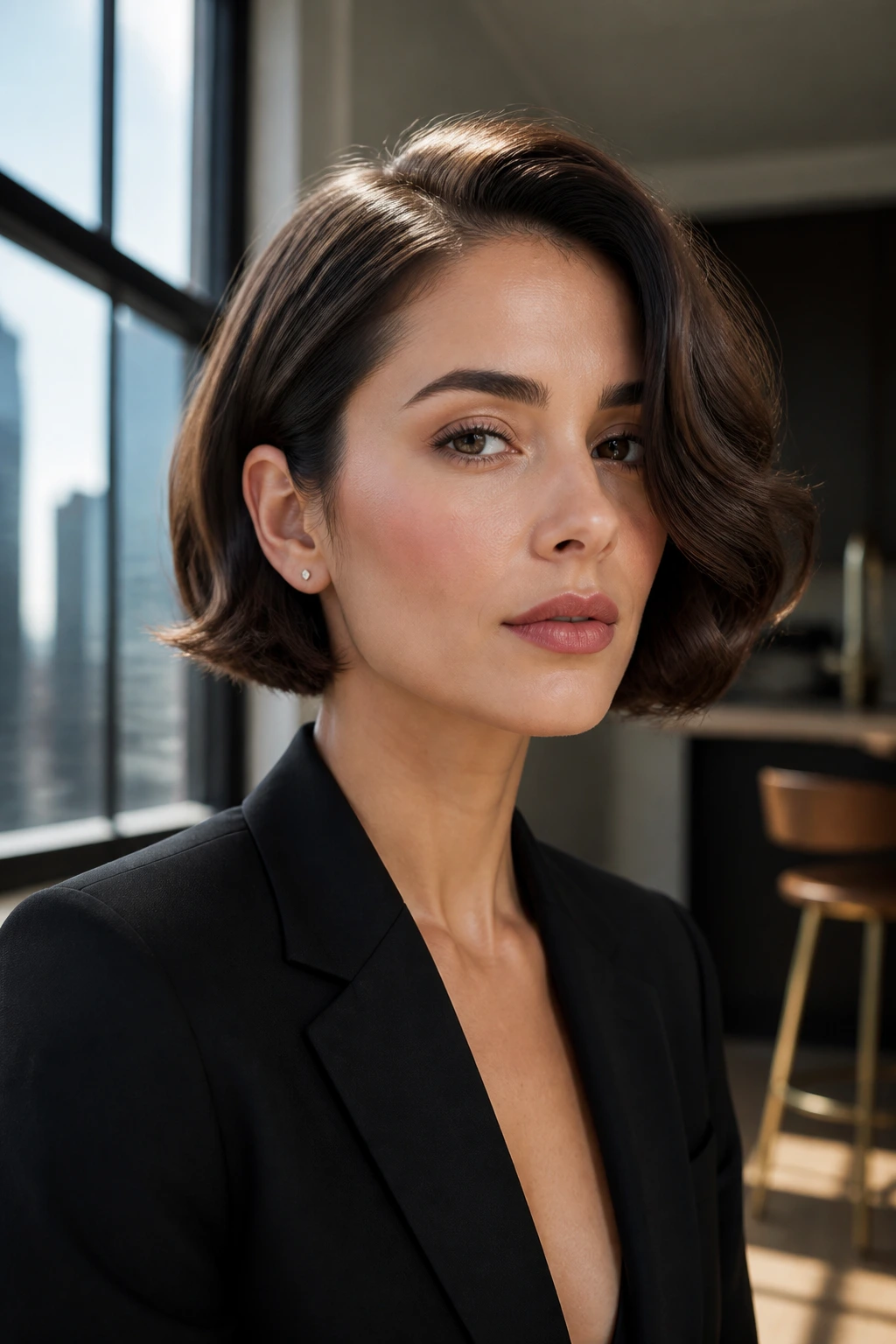 Close-up of a real woman with a slick side-part bob and glossy wavy hair.