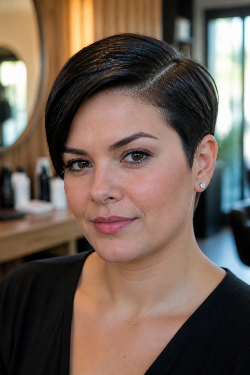 Close-up portrait of a real woman with a slick side-part pixie in a warm salon