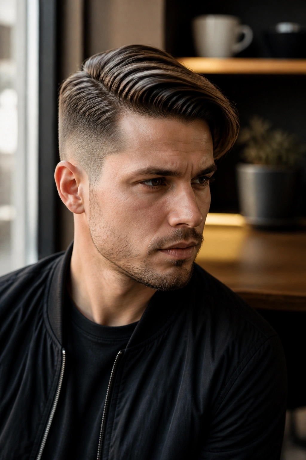 Close-up portrait of man with slick side sweep and tight sides hairstyle