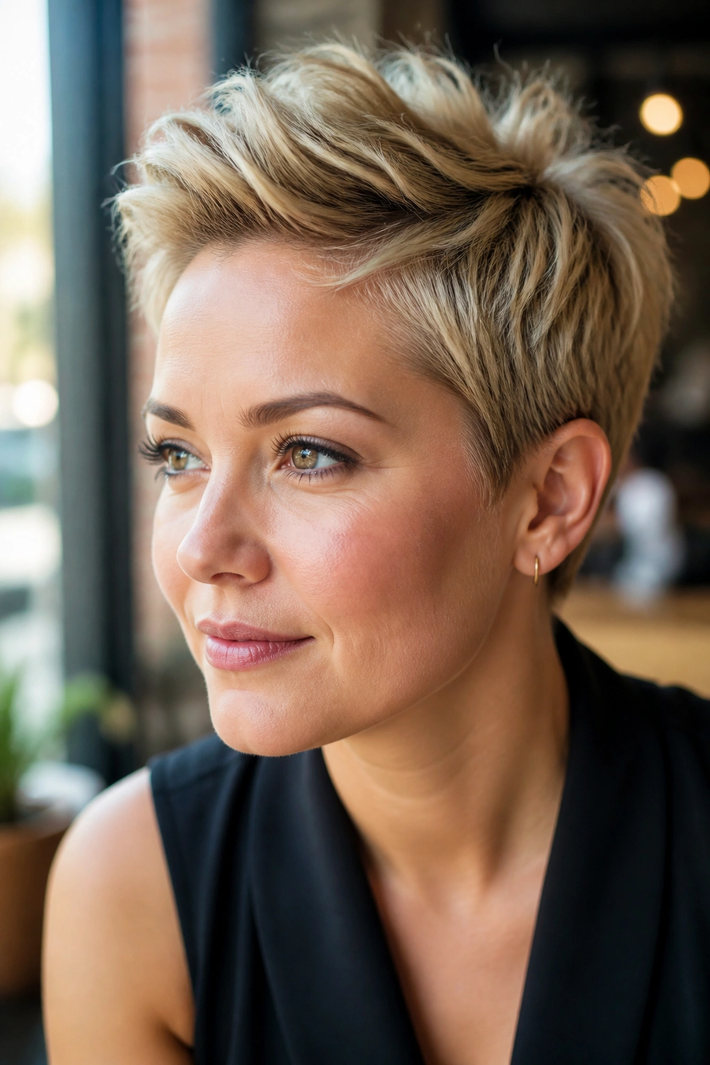 Portrait of real woman with slick-and-tousled pixie hybrid in natural light