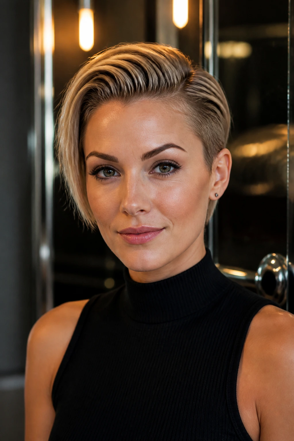 Close-up of real woman with glossy slicked-back asymmetrical crop in warm lighting.