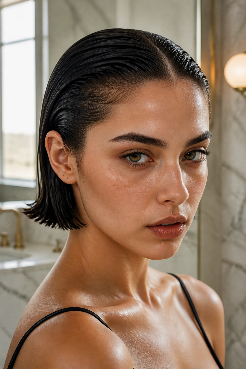 Close-up portrait of a real woman with a slicked-back bob hairstyle