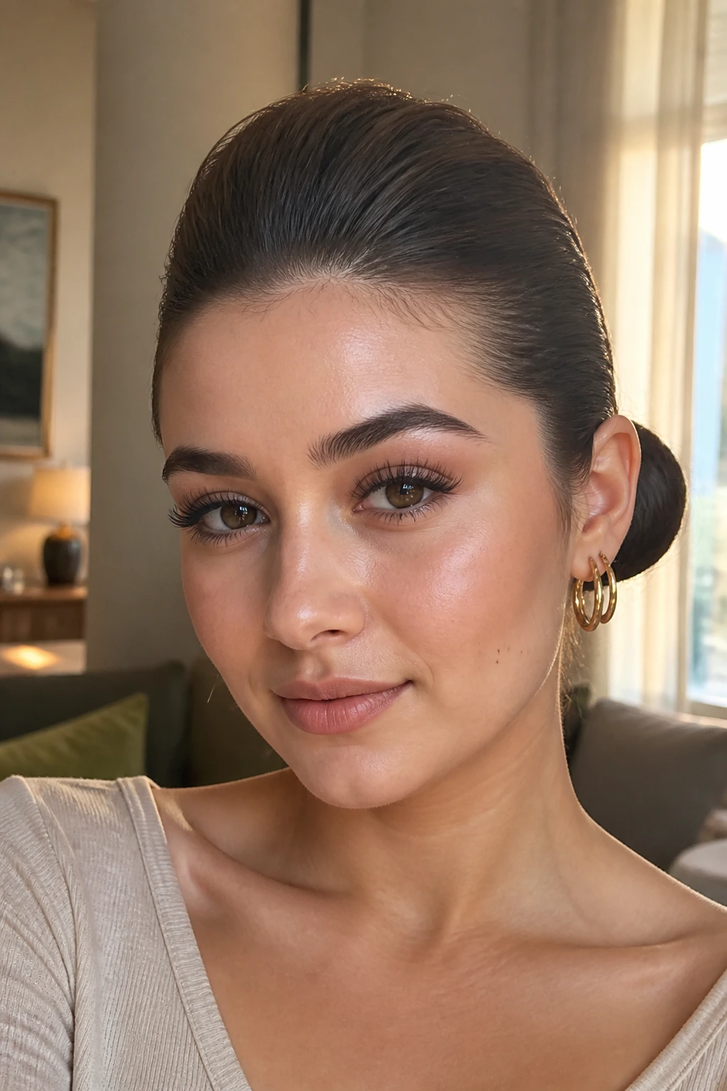 Portrait of woman with slicked-back bun and crown puff in warm light