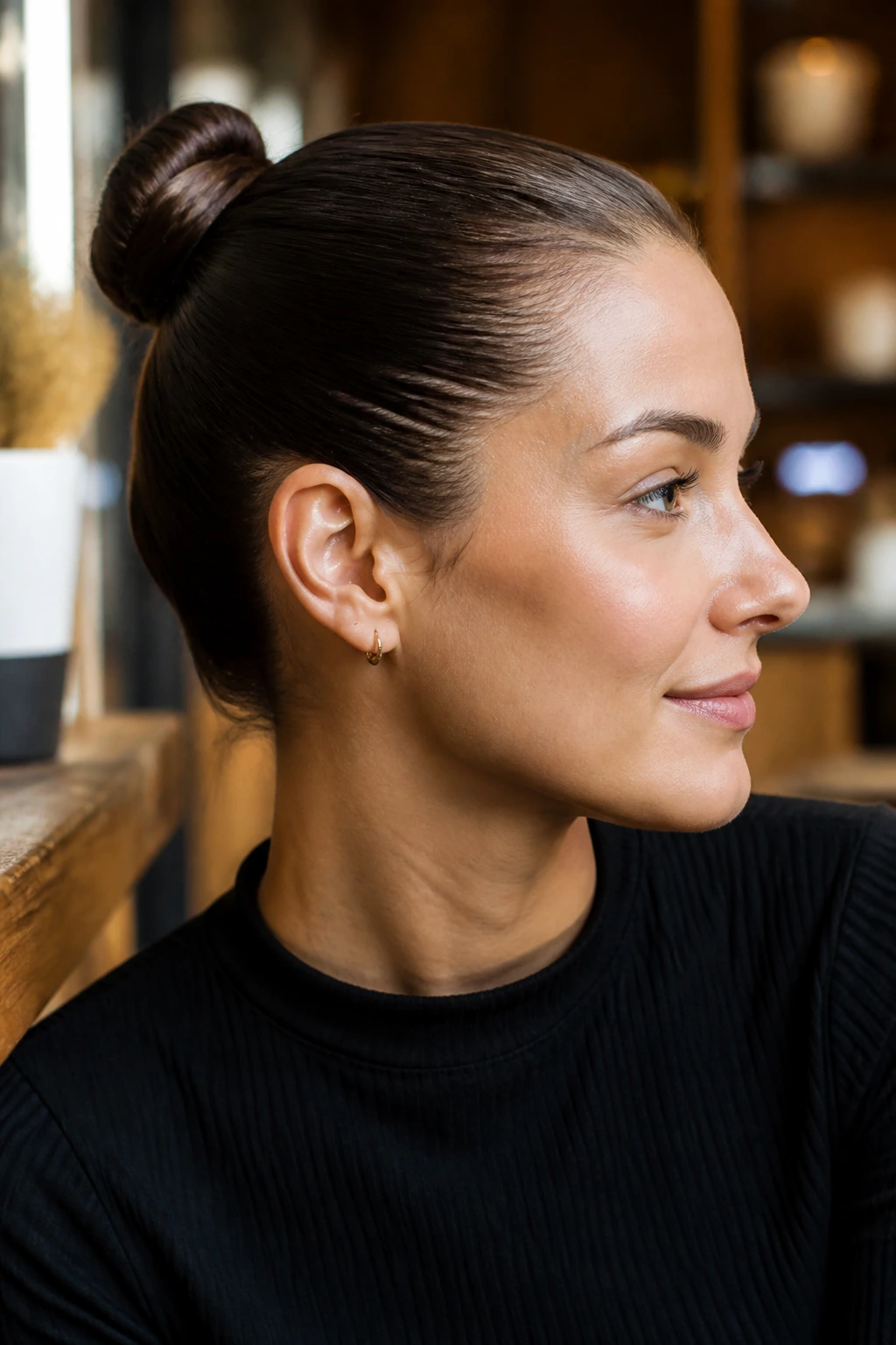 Close-up of a real woman with a slicked-back bun in a cafe setting.
