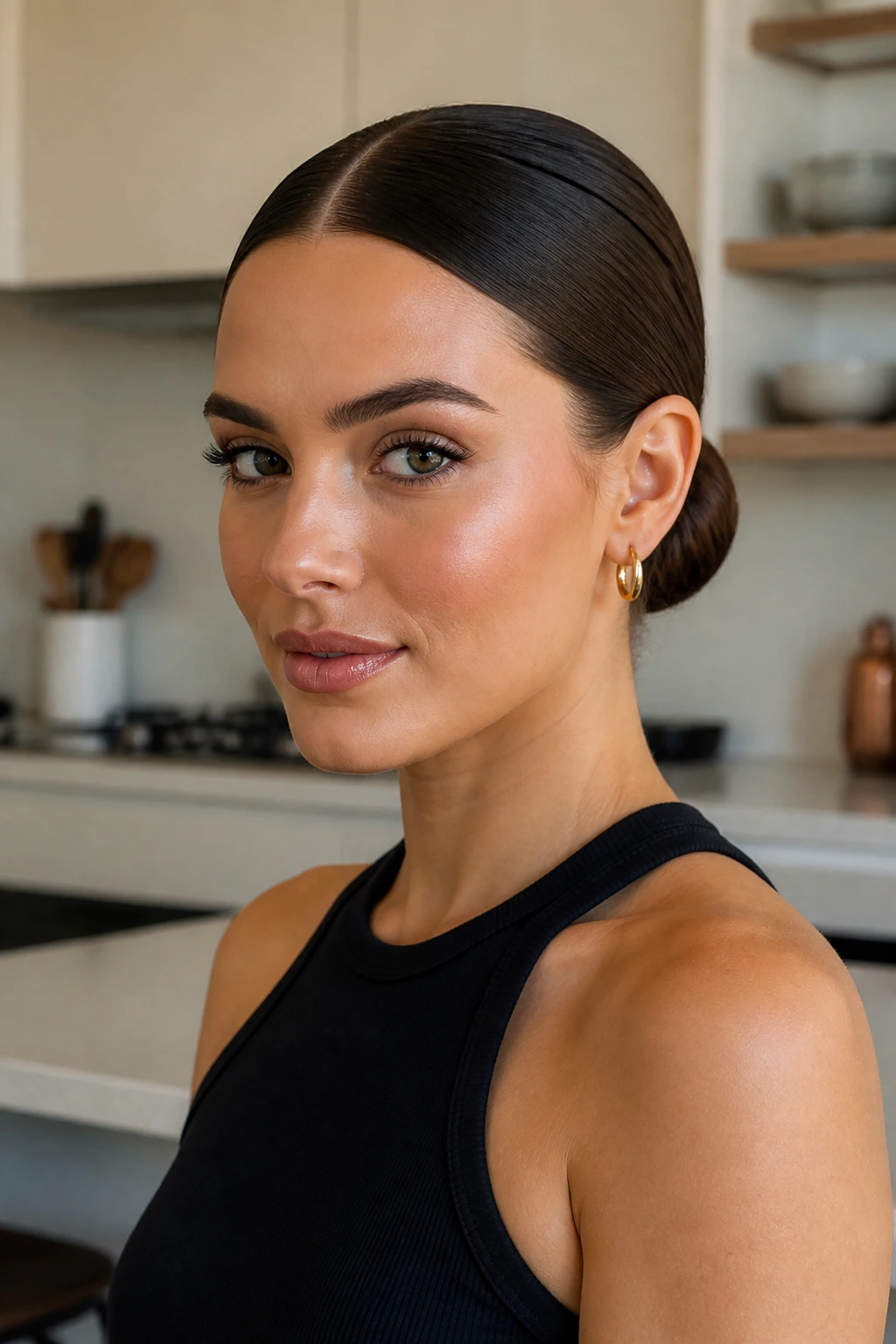 Real woman with a slicked-back bun and middle part