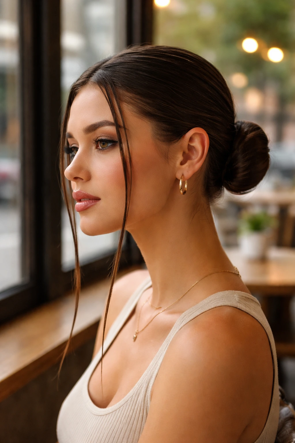 Close-up portrait of a real woman with a slicked-back low bun and front tendrils.