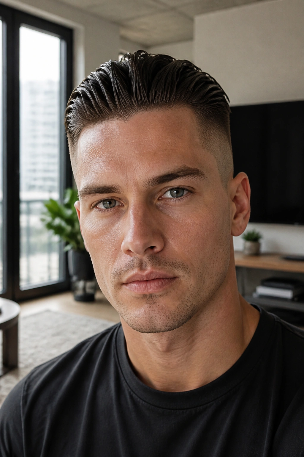 Close-up portrait of a real person with slicked-back crop and short sides