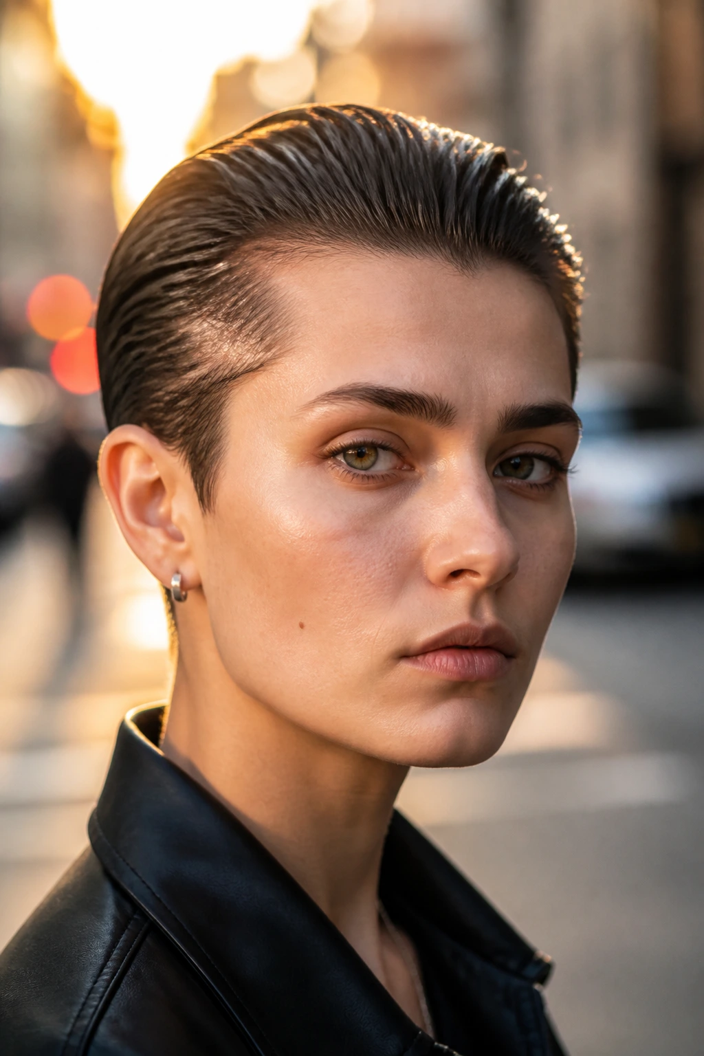 Close-up portrait of a real person with a slicked-back crop hairstyle on an urban street