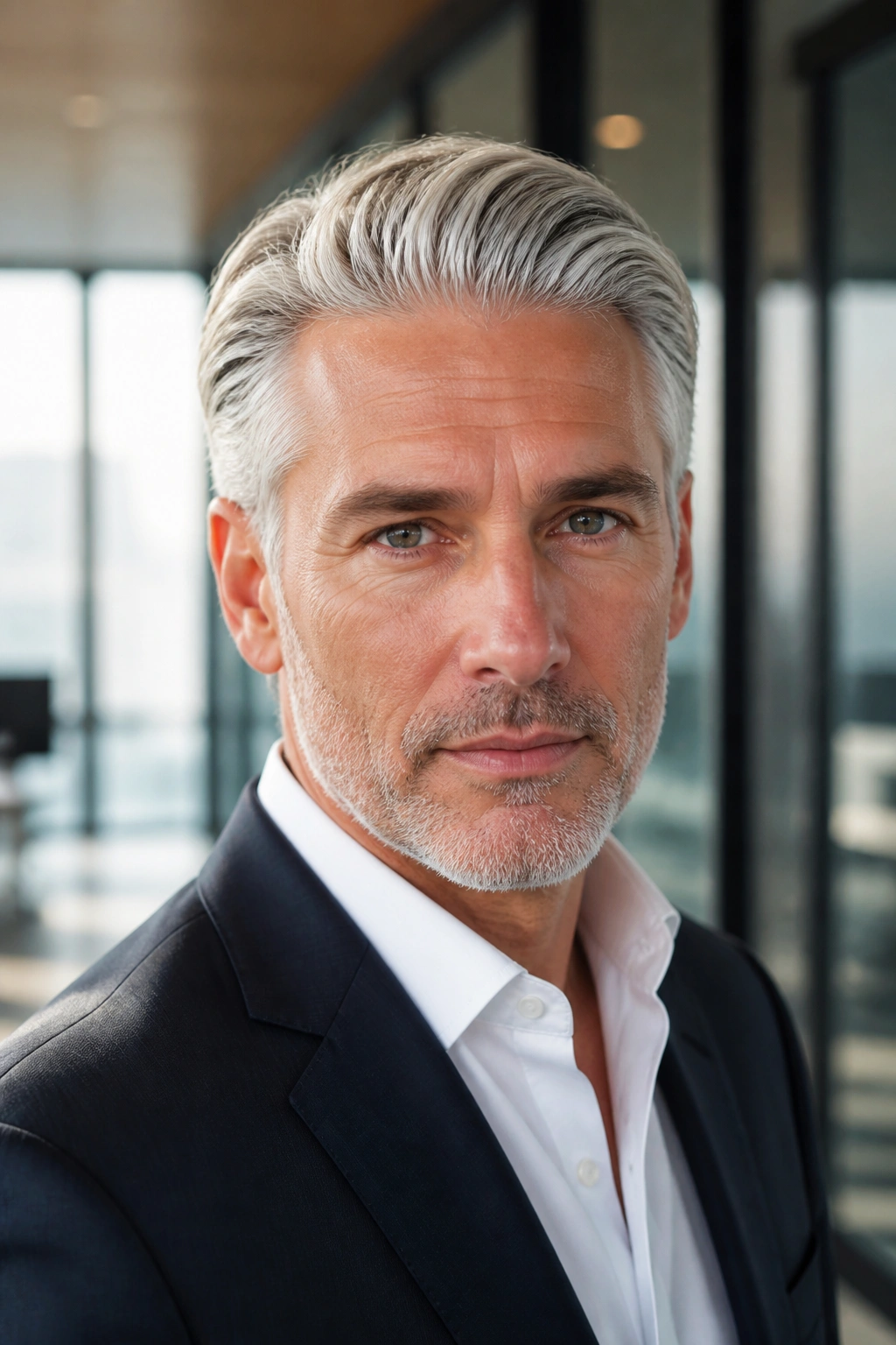 Close-up portrait of a man with slicked-back silver hair in office lighting