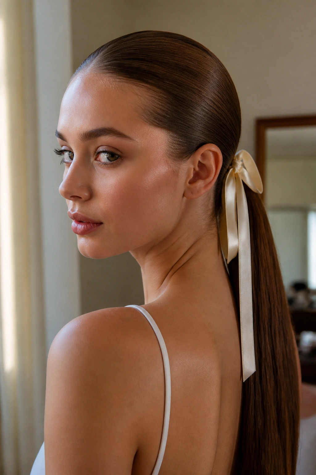 Close-up portrait of a real woman with slicked-back straight hair and satin ribbon at the base of a ponytail