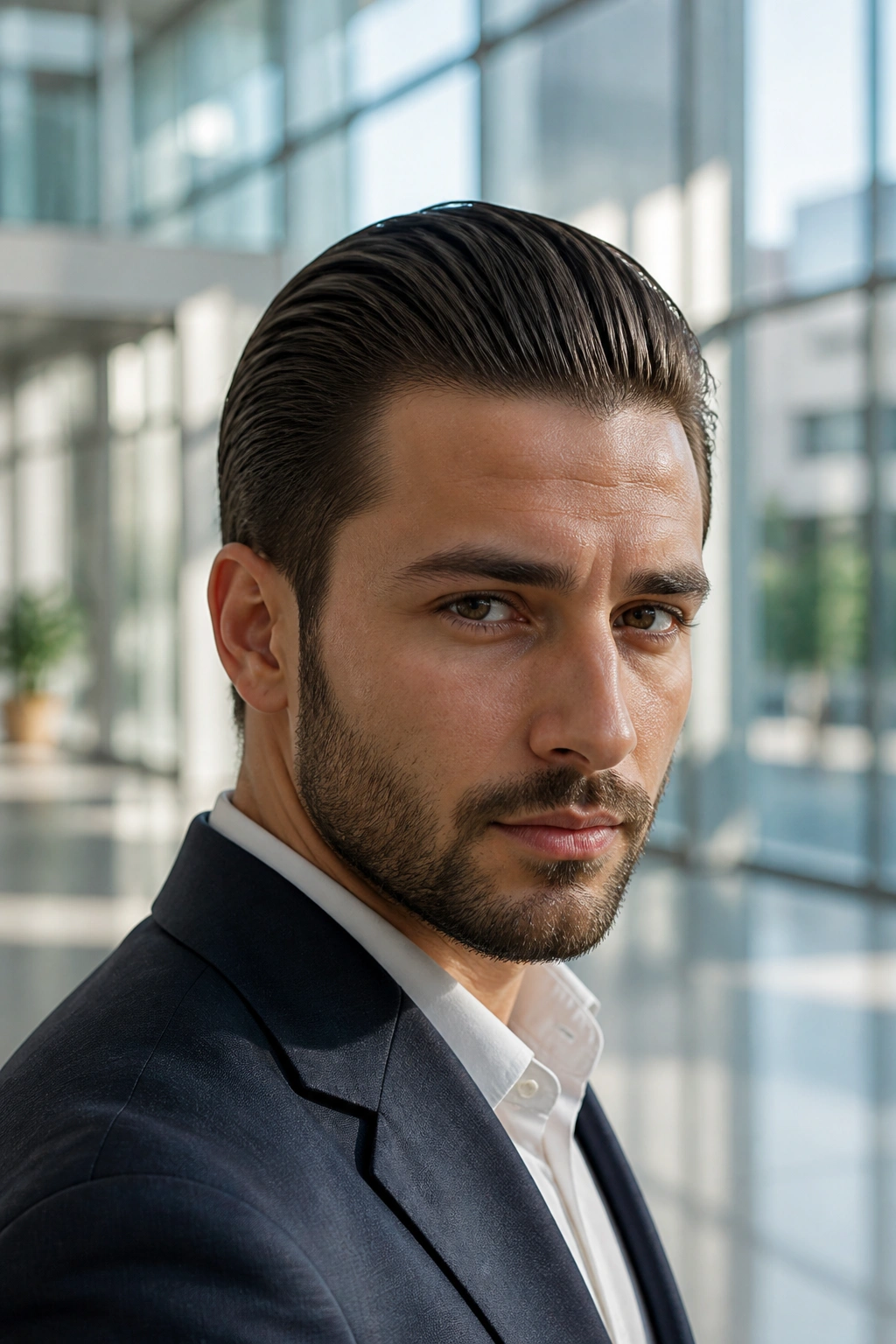 Portrait of a man with a slicked-back hairstyle in a modern office lobby