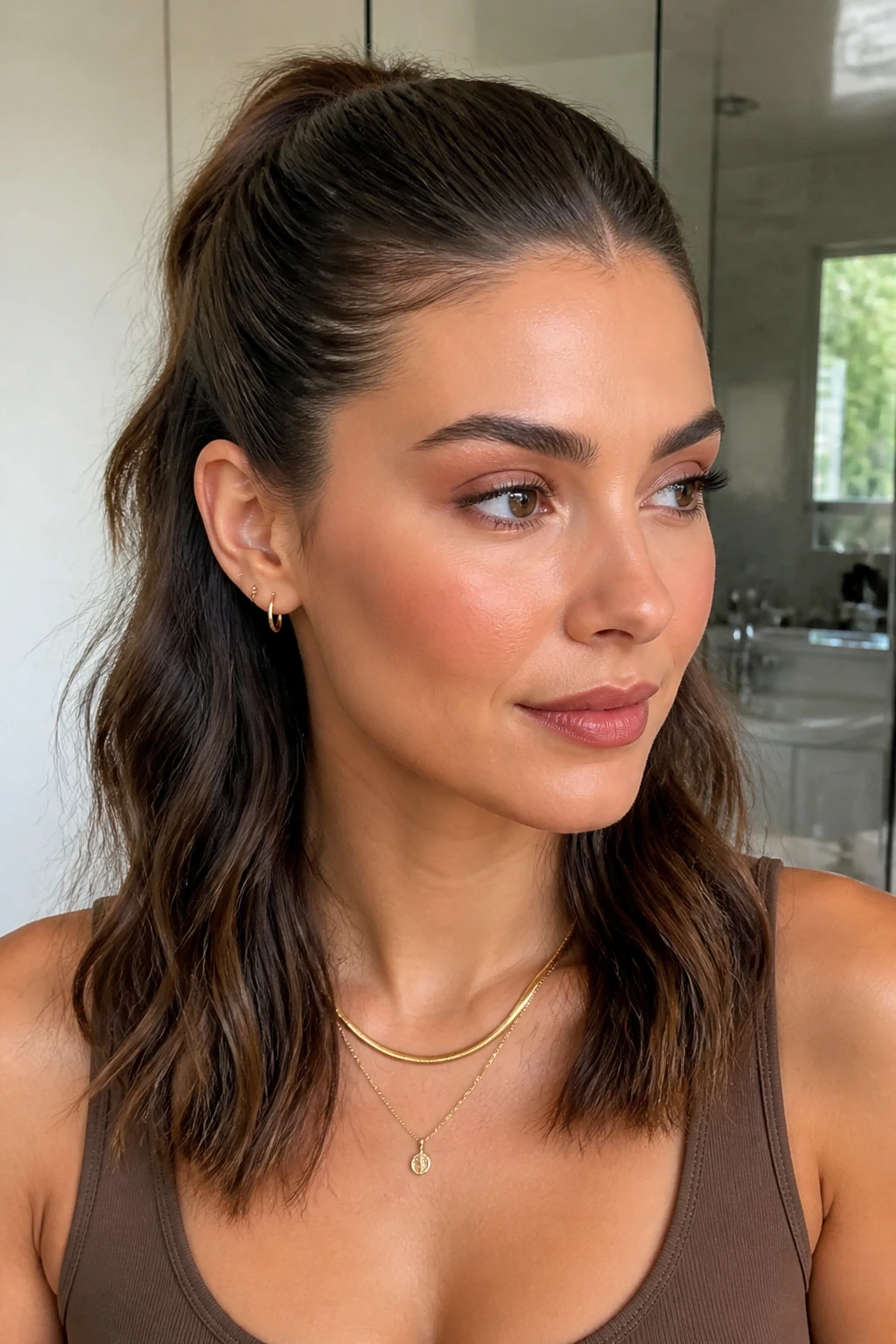 Close-up of a real woman with a Slicked-Back Half Pony