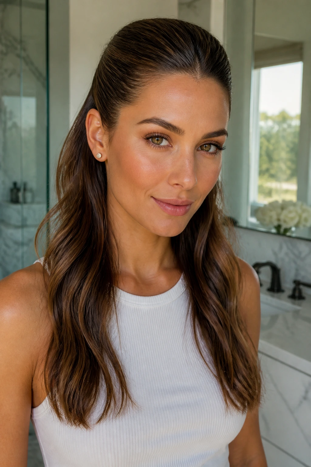 Close up of a real woman with the slicked back half up hairstyle.
